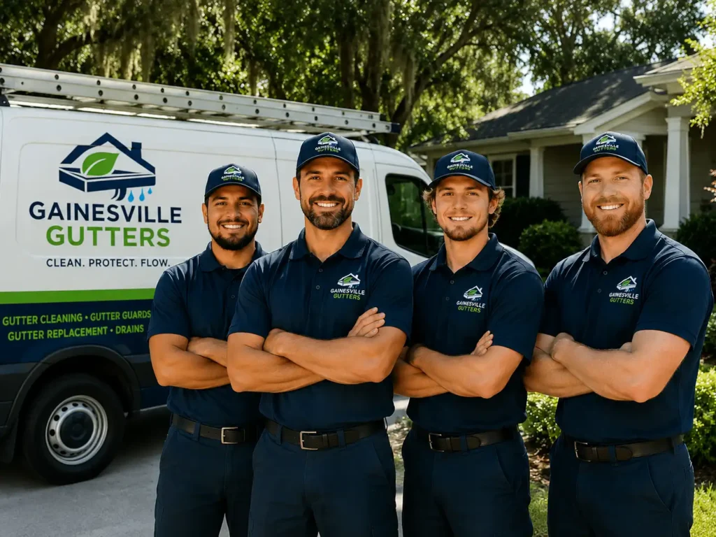Four smiling Gainesville Gutters technicians in navy uniforms stand with arms crossed in front of their branded service van.