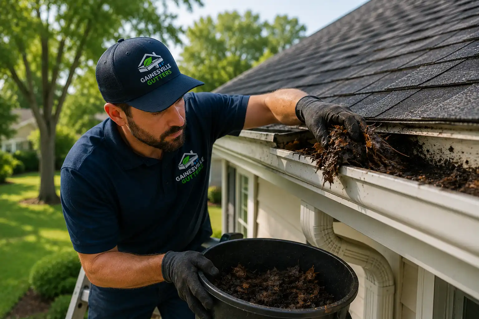 A Gainesville Gutters technician removes debris from clogged gutters on a residential home in Gainesville, Florida.