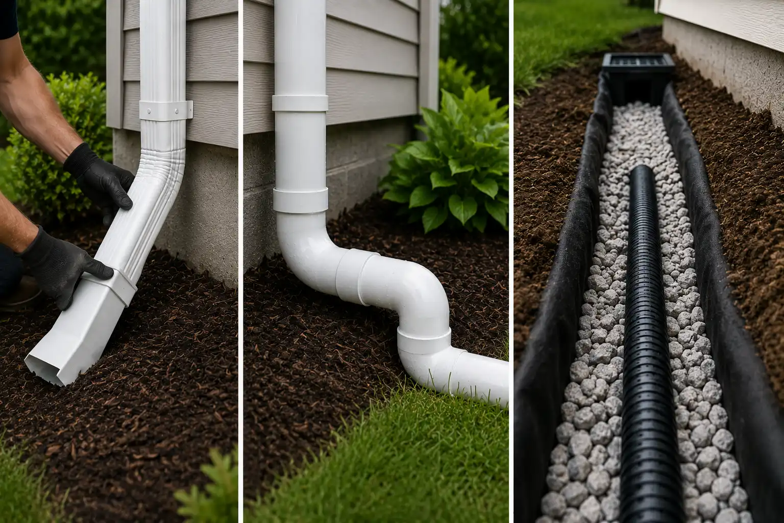 Three-panel image showing gutter downspout extensions and a French drain with gravel and perforated pipe near a home's foundation.