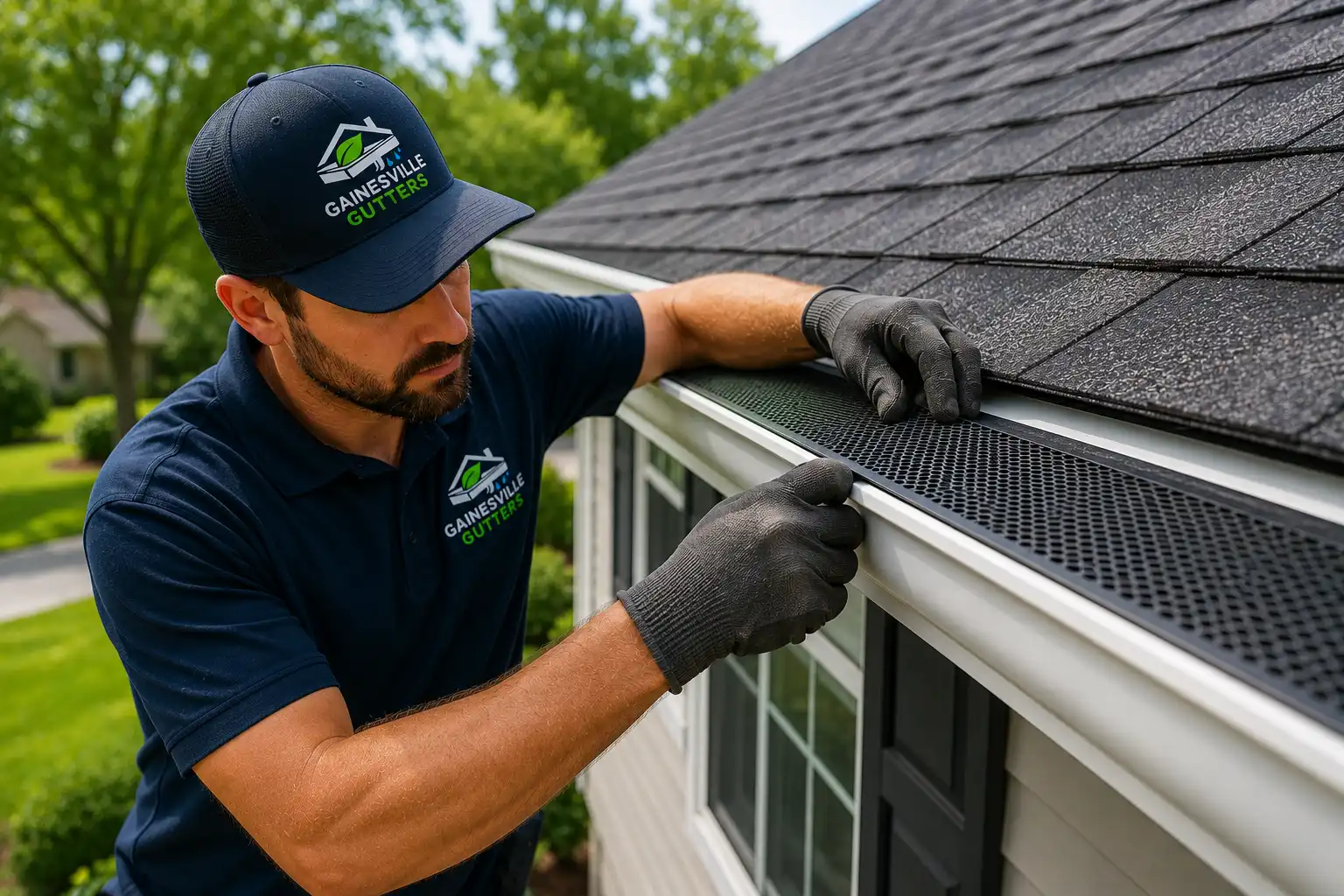 A Gainesville Gutters technician installs a mesh gutter guard on a residential home in Gainesville, Florida.