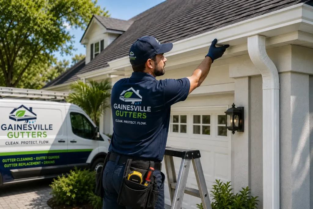 A Gainesville Gutters technician on a ladder inspecting white gutters and downspout on a residential home in Gainesville, Florida.