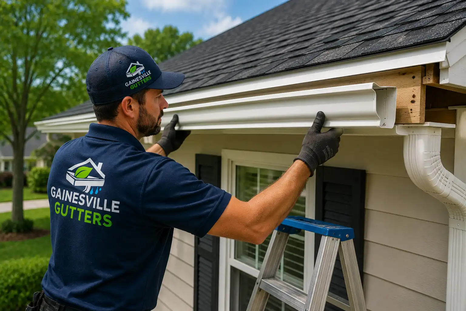 A Gainesville Gutters technician installs white seamless gutters on a residential home in Gainesville, Florida.