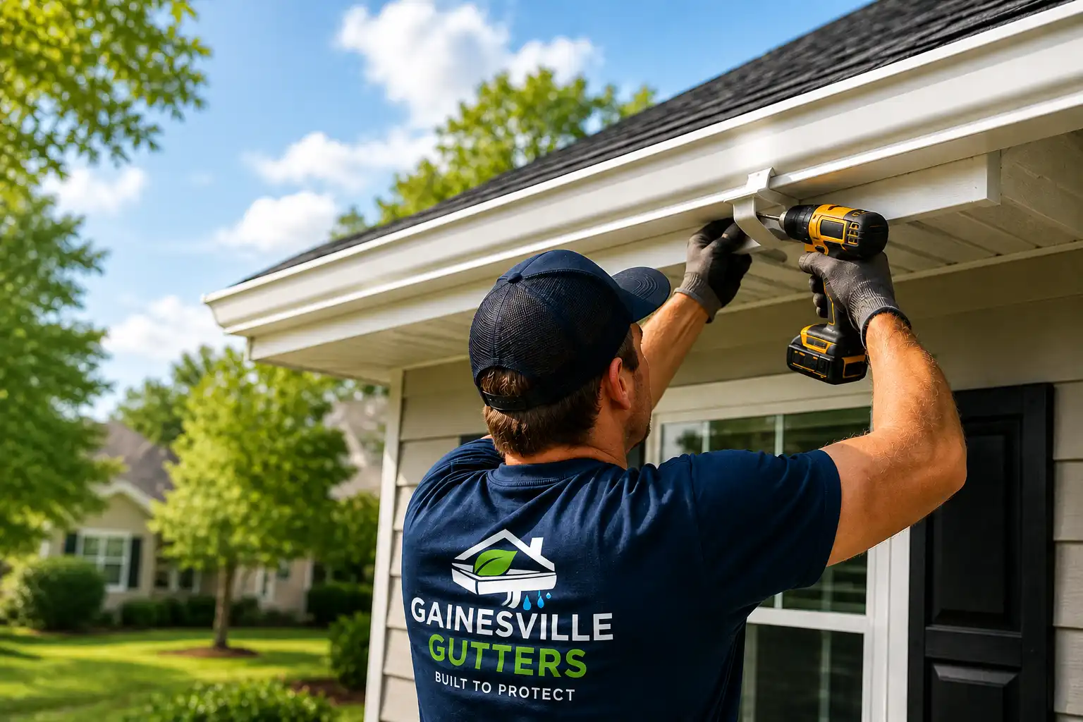 A Gainesville Gutters technician installs white gutters on a home using a power drill in Gainesville, FL.