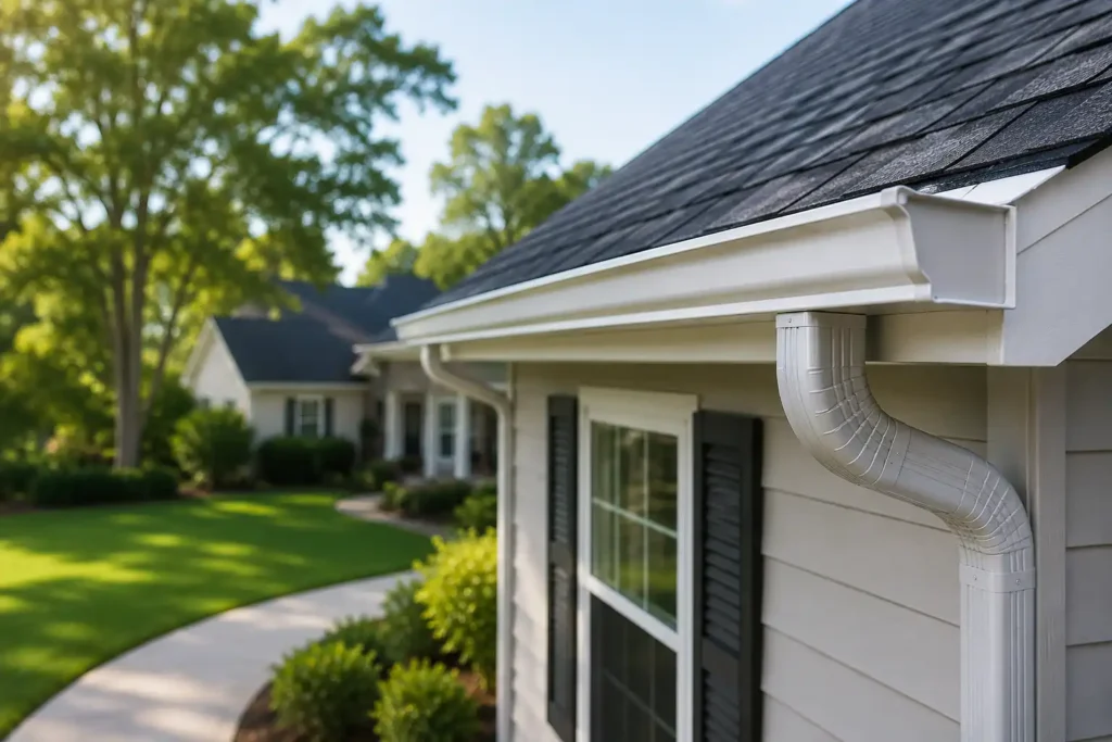 Close-up of white gutters and a downspout on a suburban Gainesville, FL home with dark shingles and lush landscaping.