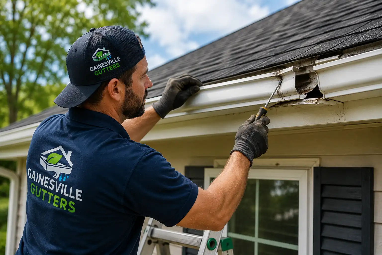 A Gainesville Gutters technician repairs a white residential gutter while standing on a ladder in Gainesville, Florida.